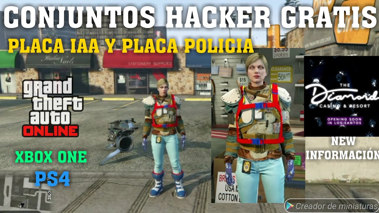CONJUNTOS HACKER + PLACA IAA + PLACA POLICIA PARA MUJER GTA V ONLINE 1.46 MODO DIRECTOR XBOX ONE/PS4