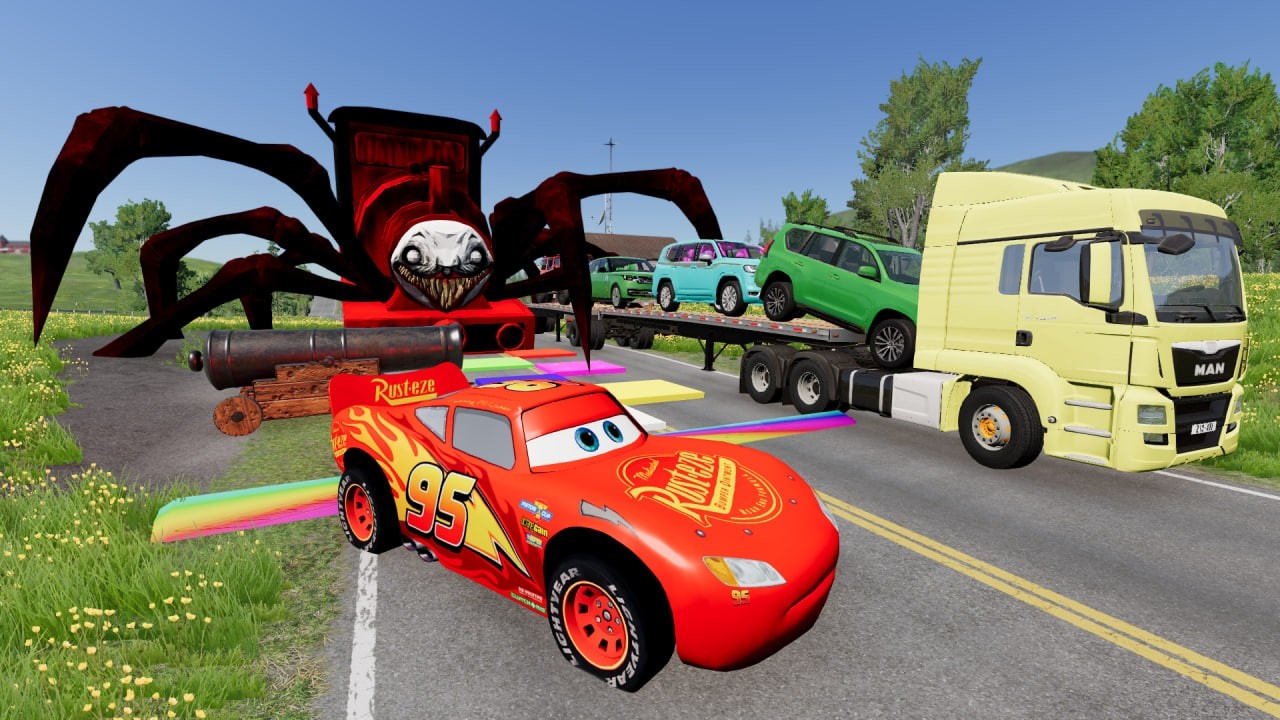 Flatbed Trailer McQueenTransportation with Truck - Double Cannon vs Cars vs Train - BeamNG.Drive 🚚🚖🚓