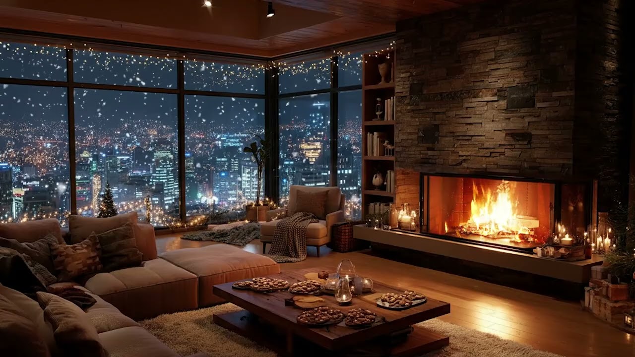 Quiet Snowy Cabin Piano Night | Soft Snow Storm and Cozy Fire