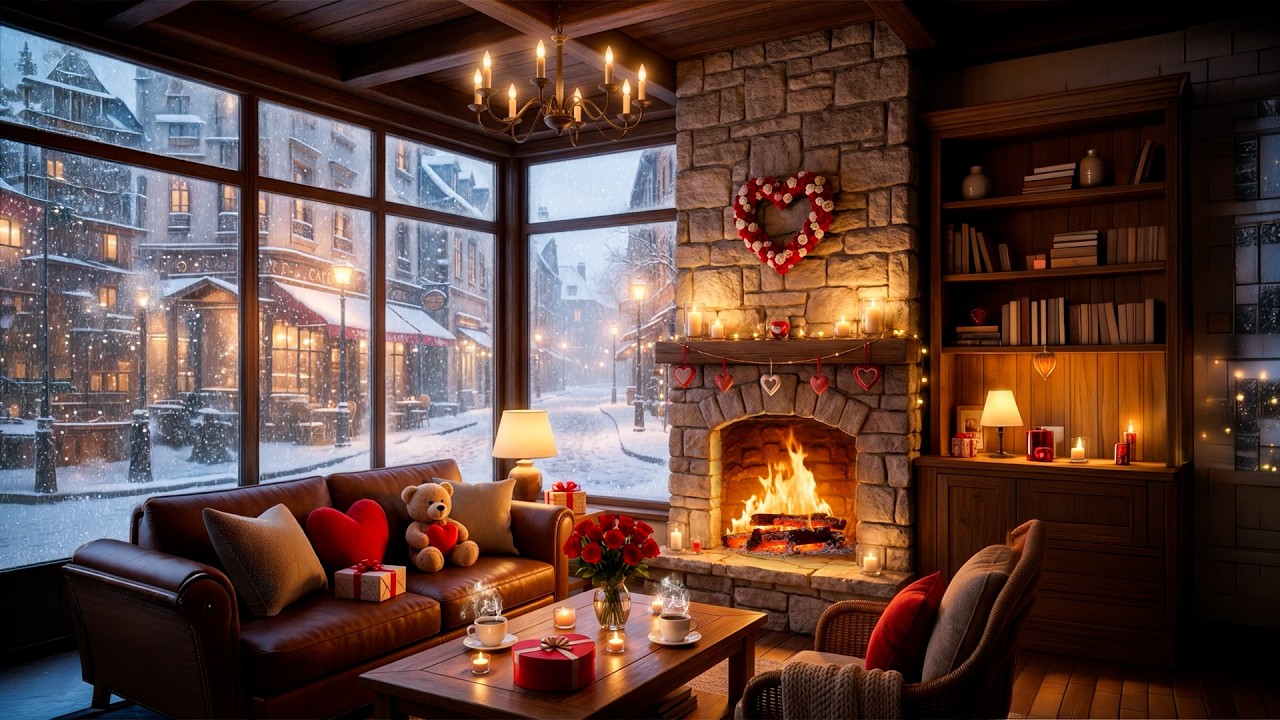 🔴 LIVE Cozy Valentine’s Fireplace ❄️ Snowy Night Ambience | Relaxing Winter Café 4K