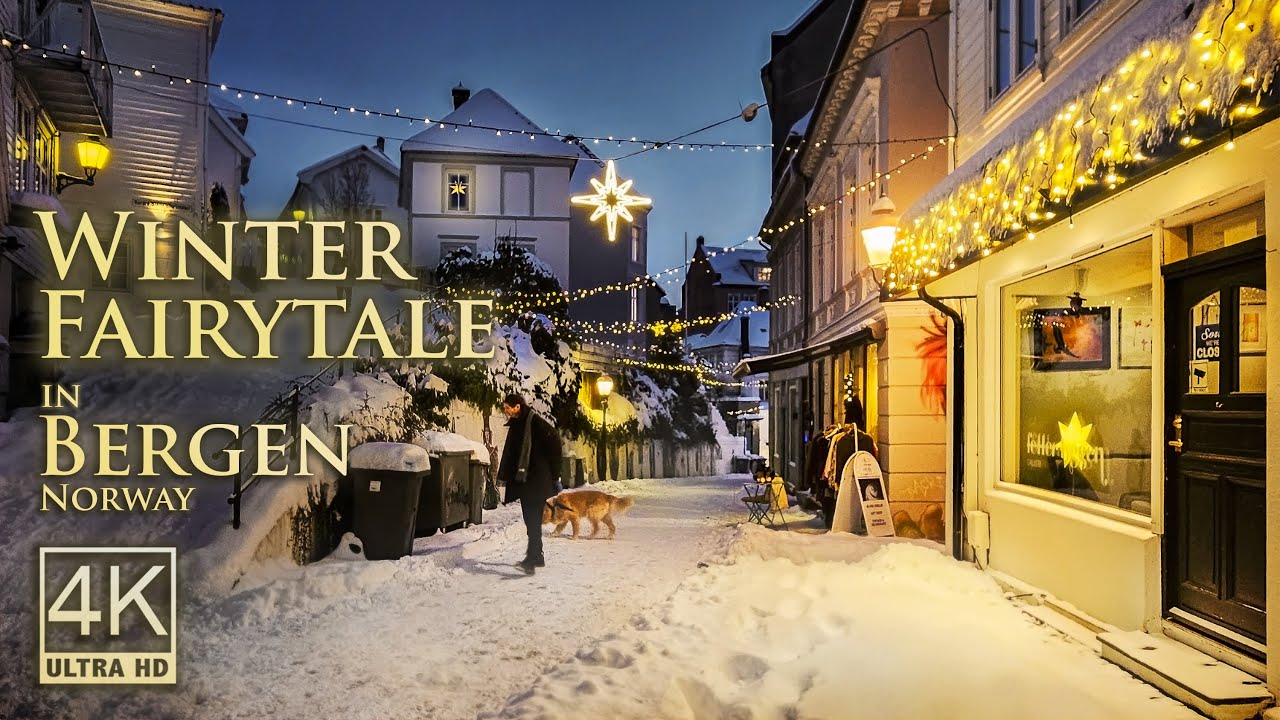 Winter Fairytale in Bergen | Atmospheric 4K Walking Tour | Binaural Audio for Relaxation