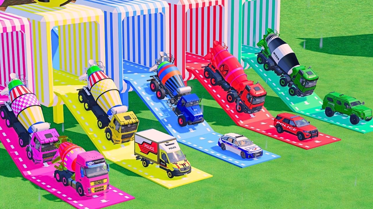 TRANSPORTING POLICE CARS, AMBULANCE, FIRE TRUCK, COLORFUL CARS WITH MIXER TRUCK ! FS22 #55