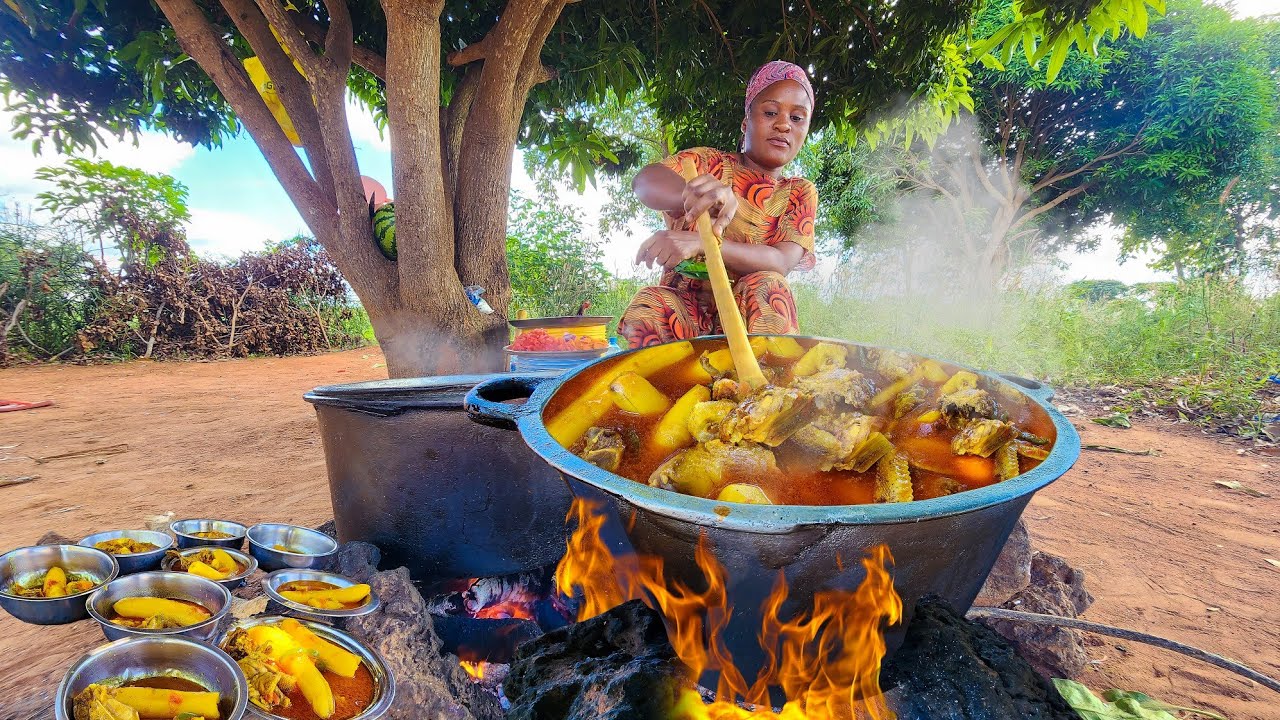 African Village Life | Cooking Village Food | Green Bananas And Chicken Curry For Breakfast.