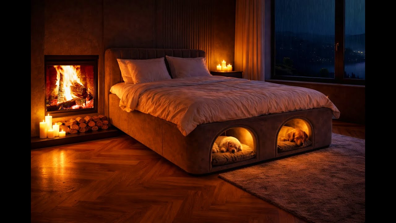 8H Cozy Fireplace Bedroom ASMR 🔥🌧️ 4K | Rain Sounds, Sleeping Puppies, Deep Relax & Sleep