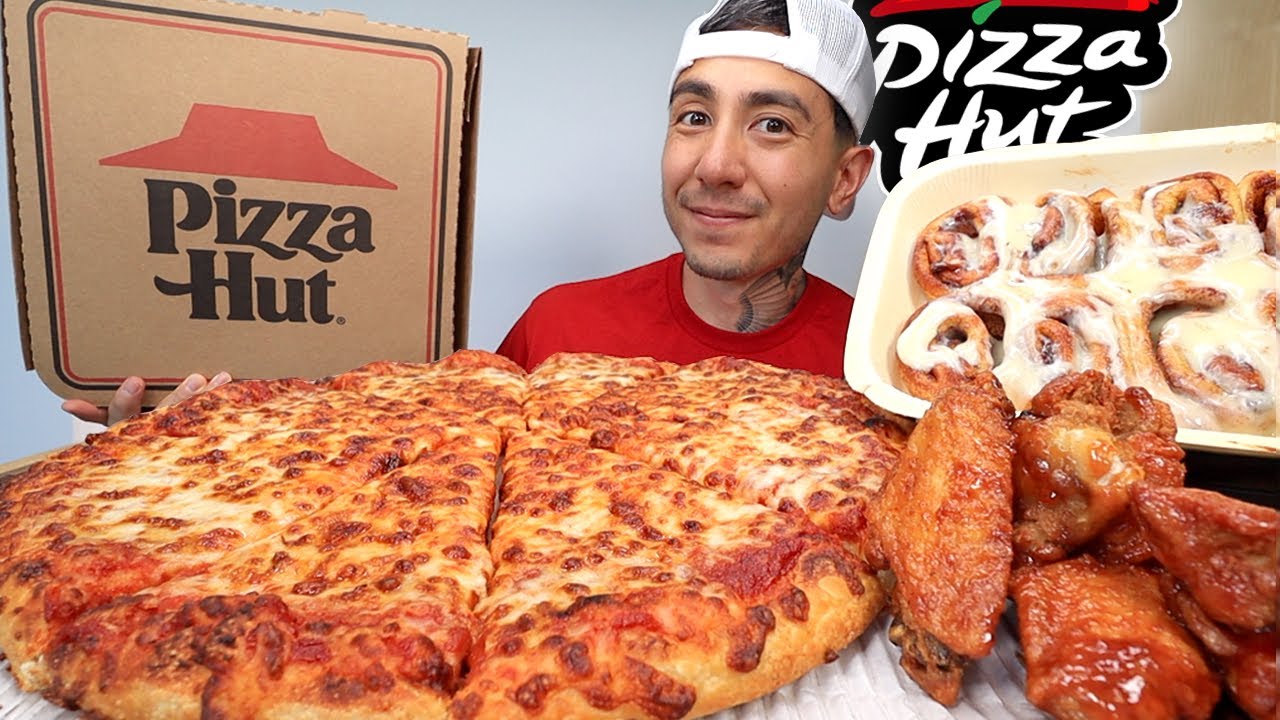 MUKBANG EATING Pizza Hut CHEESE Pizza, Honey BBQ Wings, CINNABON Mini Rolls