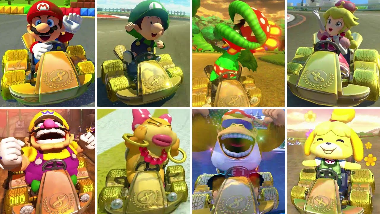 Mario Kart 8 Deluxe - All Characters Winning Animations (Gold Kart) (DLC Included)