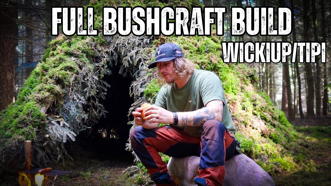 Full Build: Traditional Native American Bushcraft Wickiup Shelter and Camp inside! 24 Hours.