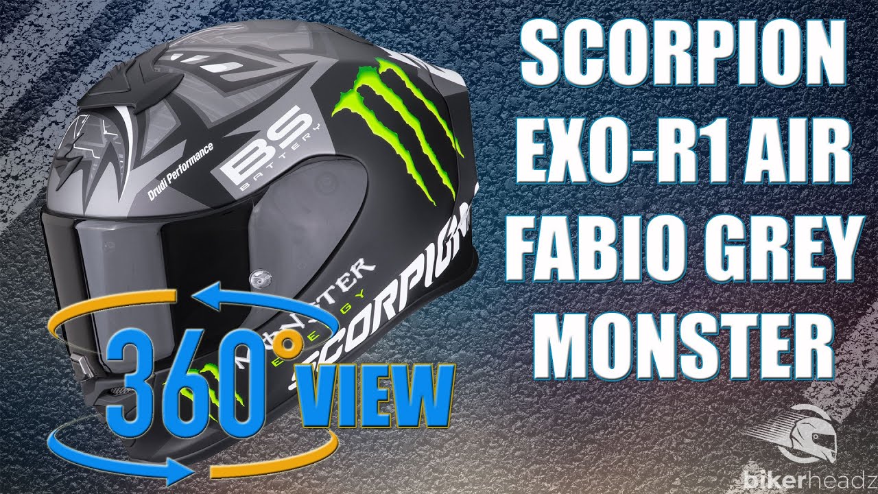 SCORPION EXO R1 Air Fabio Monster Grey Motorcycle Helmet 360° 4K Video|Bikerheadz.co.uk
