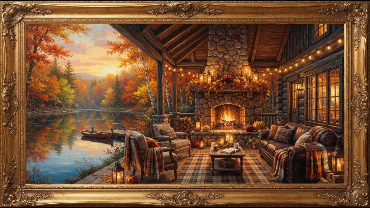 Vintage Cozy Autumn Lakeside Cabin Fireplace: Oil Painting for Frame TV with Music