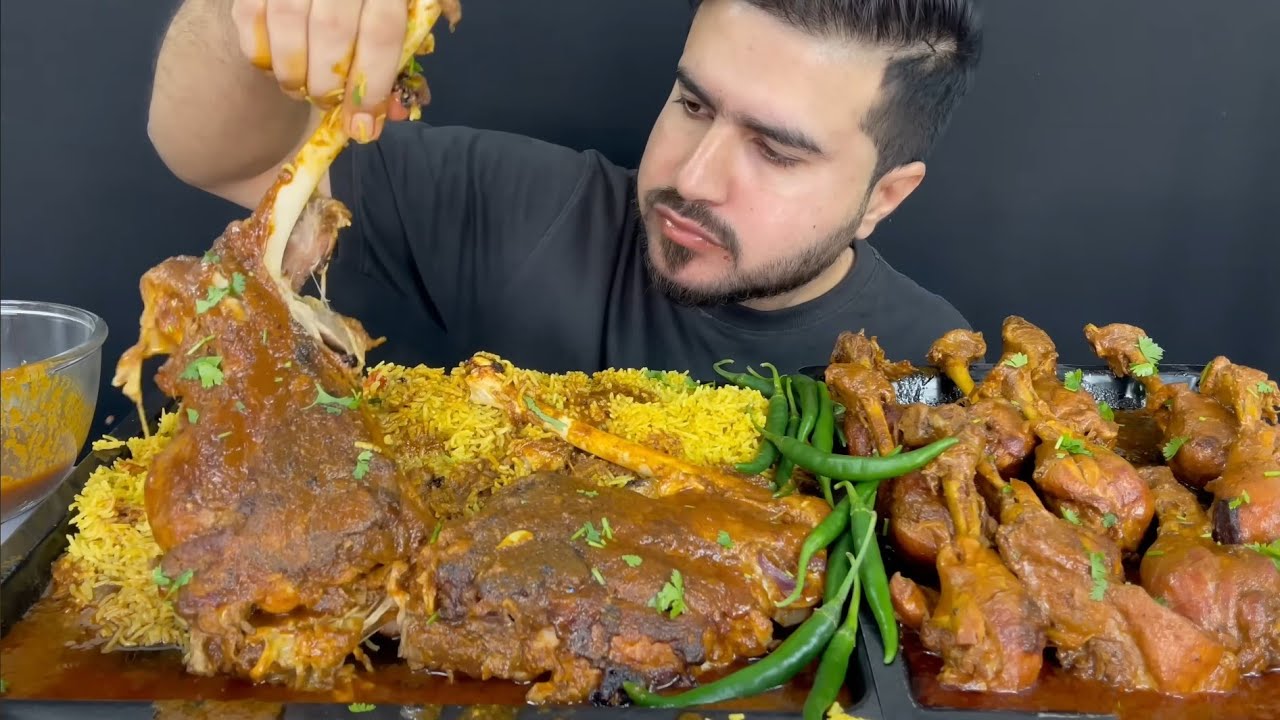 ASMR; EATING SPICY MUTTON LEGS CURRY CHICKEN LEGS CURRY WITH MASALA RICE GREEN CHILLI EXTRA GRAVY