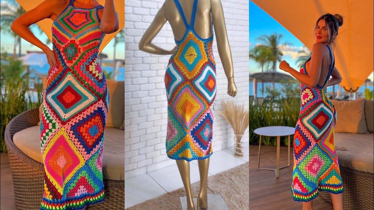 VESTIDO MÍDI LOSANGO COLORIDO DE CROCHÊ PASSO A PASSO (parte 6)
