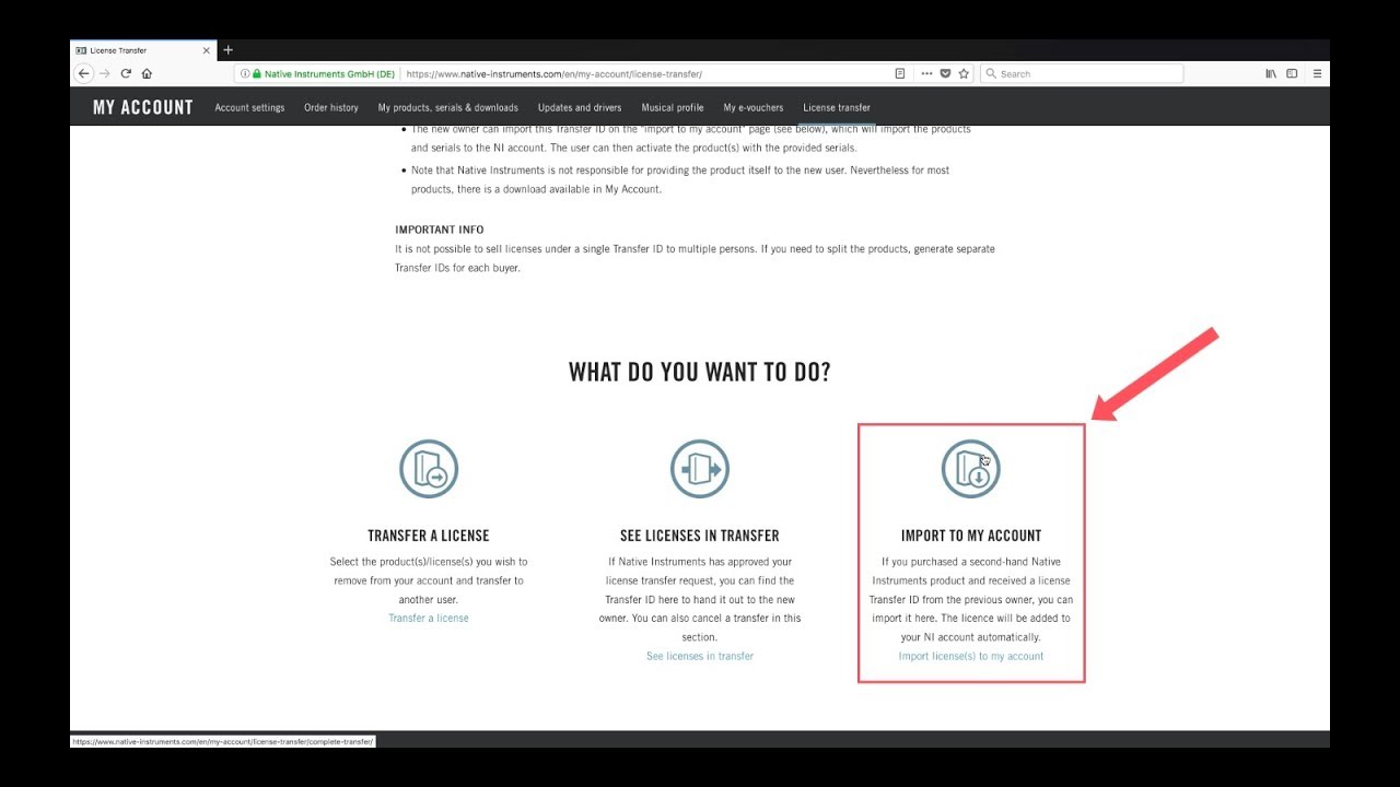 Importing a License Transfer ID when Buying a Second-Hand NI Product