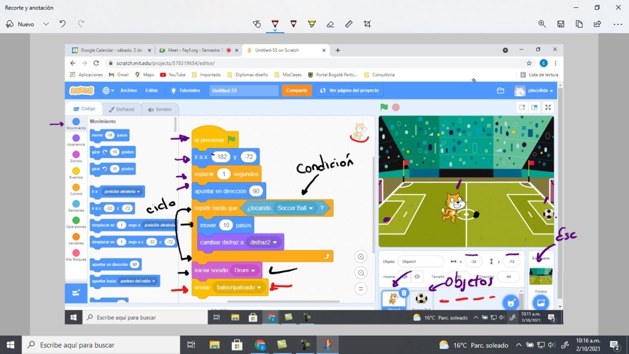 SCRATCH Movimiento de objetos, Patear un Balón de fútbol Parte 2 de 2. Análisis de la lógica