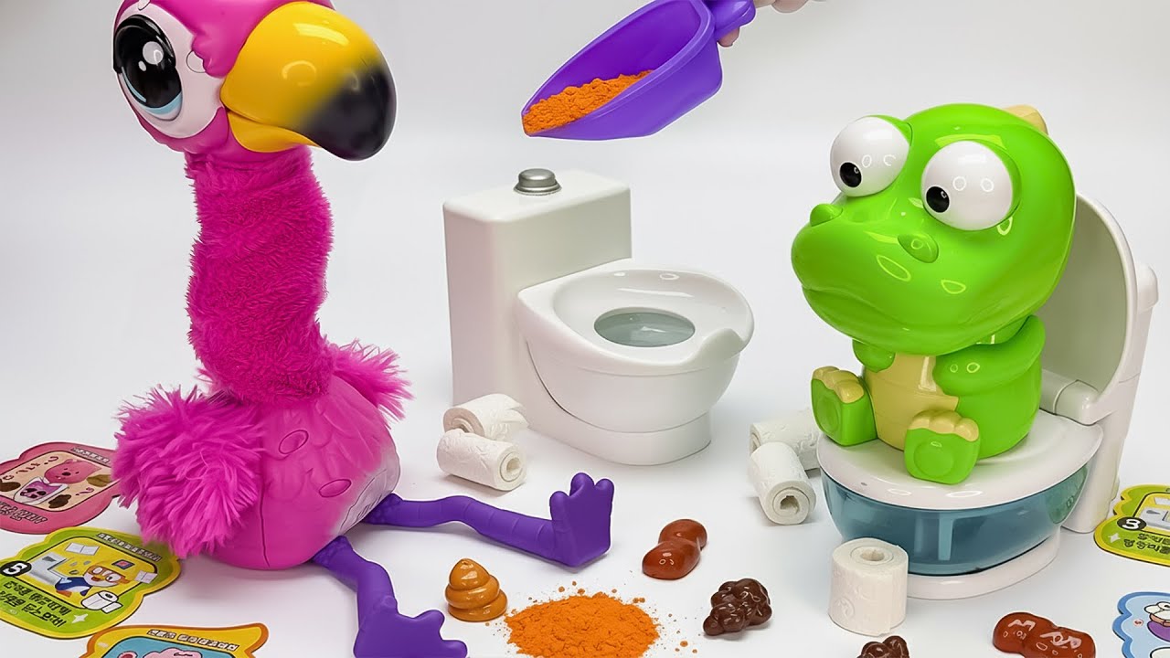 [toy asmr] Gotta Go Flamingo 🦩 & Krong&rsquo;s Poop Party!💩 플라밍고 vs 크롱 변기놀이 | Satisfying Unboxing