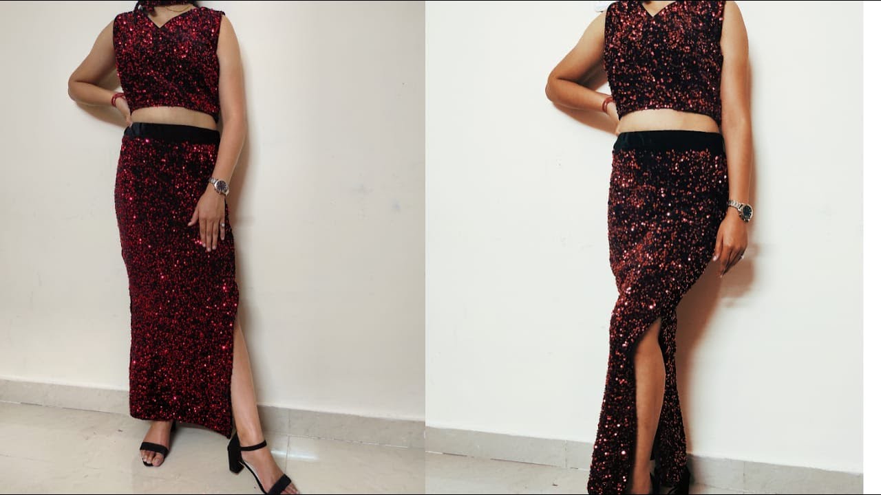 Skin tight Long skirt with side slit || cutting and stitching of designer long skirt step by step