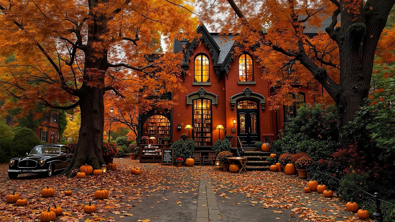 Relax Autumn Jazz at an Old Library Caf&eacute; 🍂 Warm Jazz, Books & Pumpkins for Reading and Quiet Moments