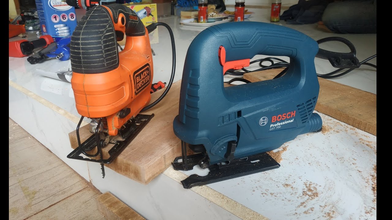 jigsaw Bosch Gst 700 tes di kayu Meranti & mahoni, dibandingkan Black+decker ks 701 PE,,