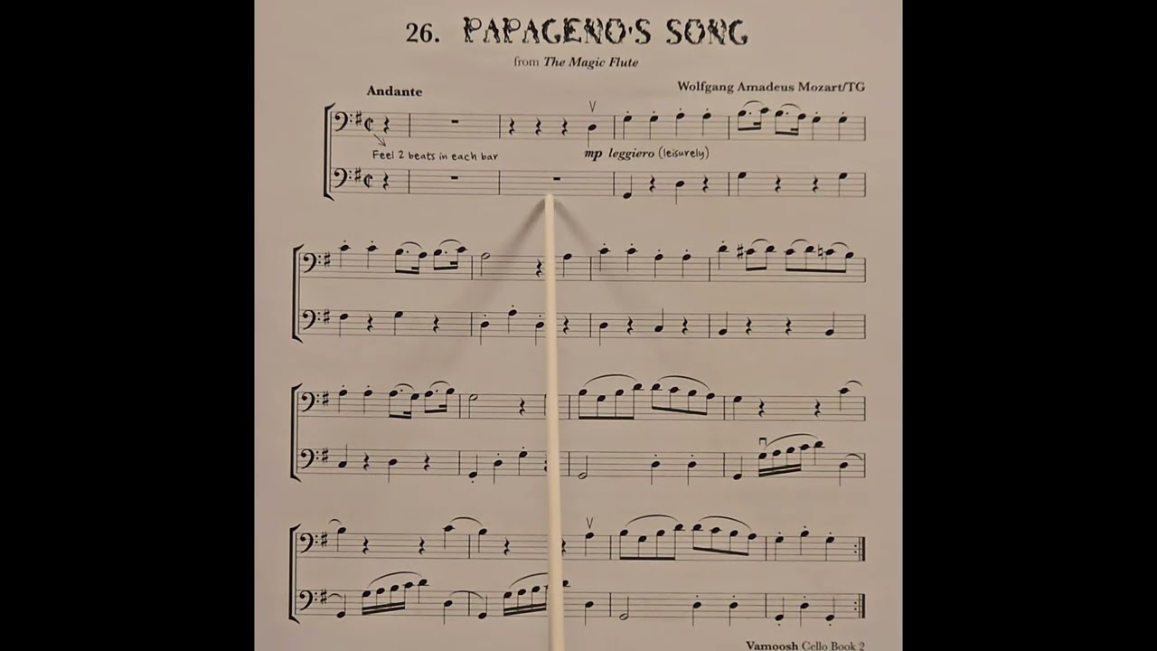 26 Papageno's Song, bottom voice, by Wolfgang Amadeus Mozart piano accompaniment at rehearsal speed