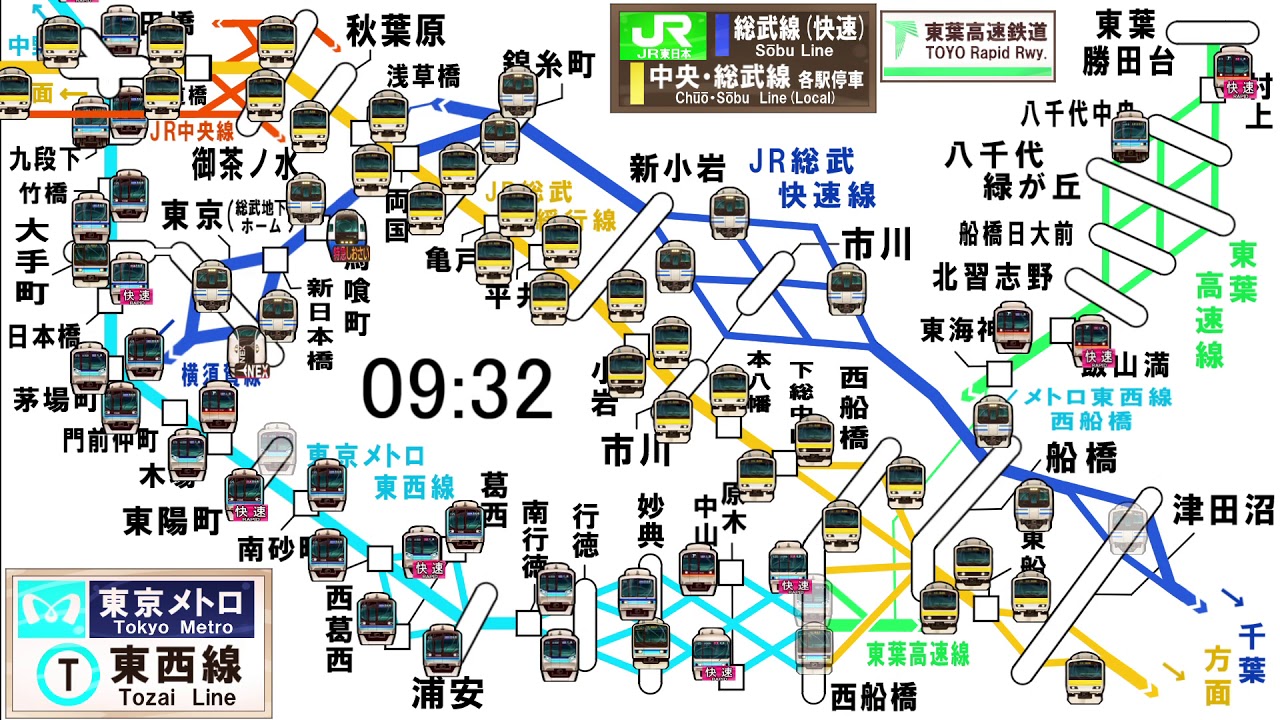 東京メトロ東西線＆JR総武線　朝ラッシュ時の運行略図
