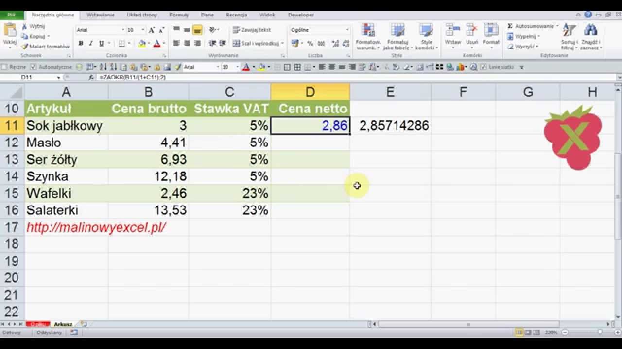 Excel: obliczanie ceny netto zaokrąglonej do 2 miejsc po przecinku