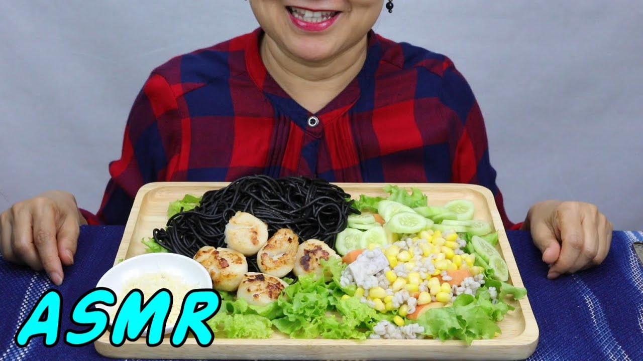 ASMR Large Sea Scallops & Spaghetti | Eating Sounds | Light Whispers | Nana Eats
