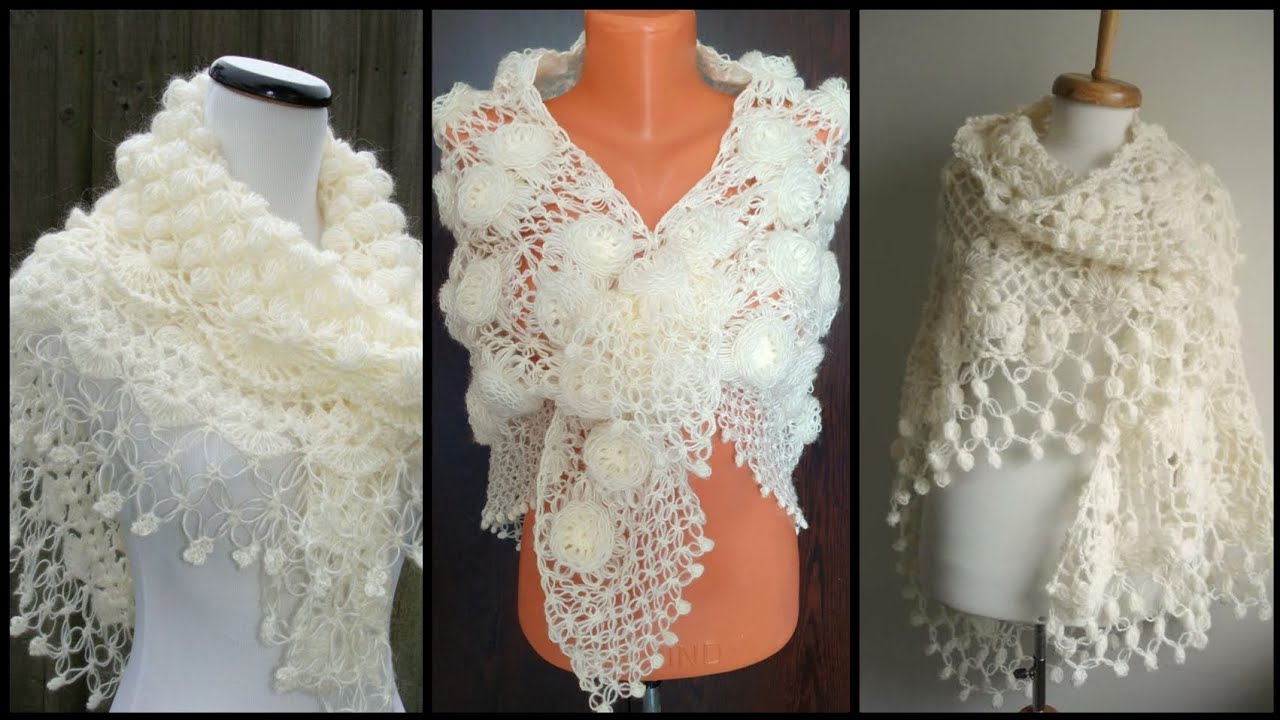Crochet wedding shwal design for winter/Knitting elegant bridal white shell Wrap jacket shawls ideas