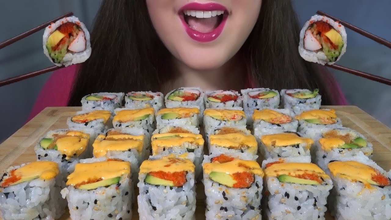 ASMR Sushi Platter [Spicy Salmon, Tuna, Crab, and California Roll] Eating Sounds