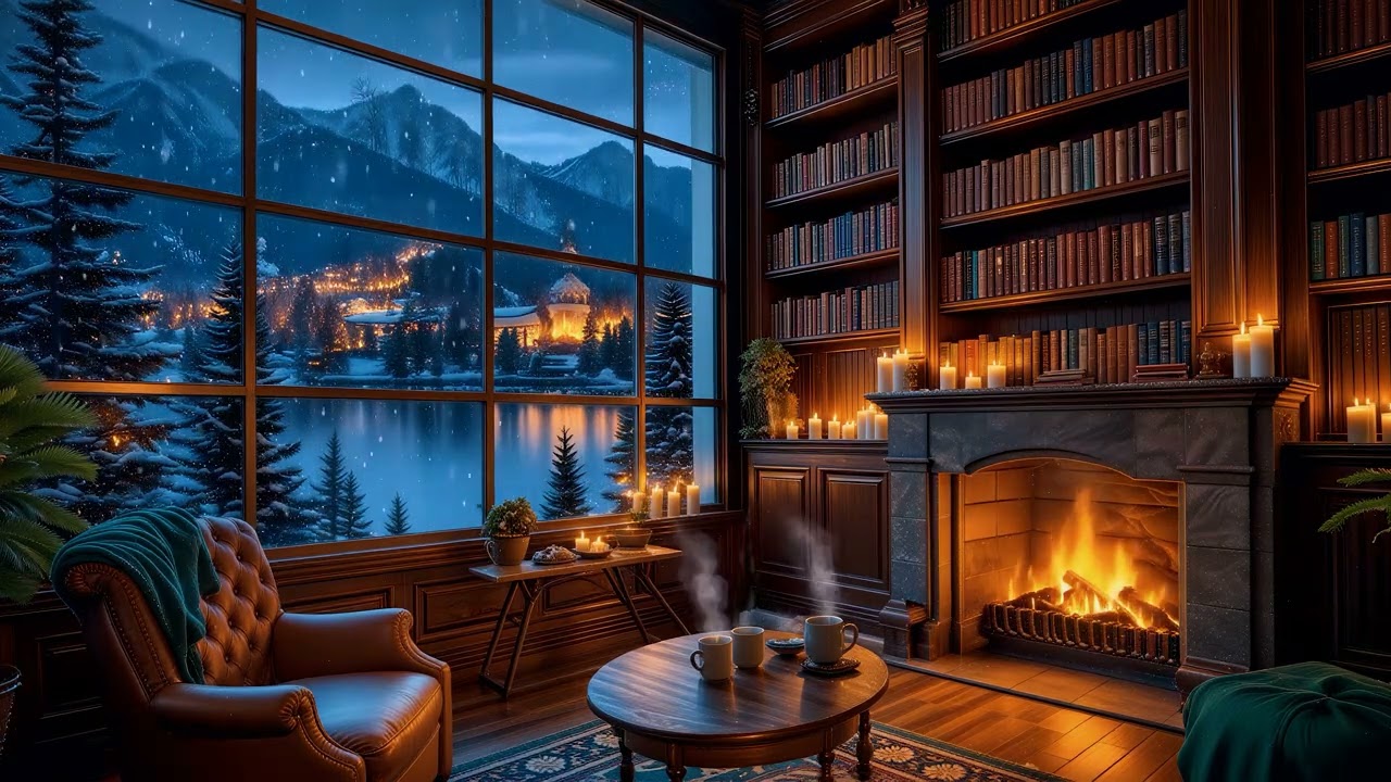4K 10 Hours Fancy Winter Study Ambience, Fireplace Sounds, Snow, Castle, Lake, Night, Sleeping, Rest