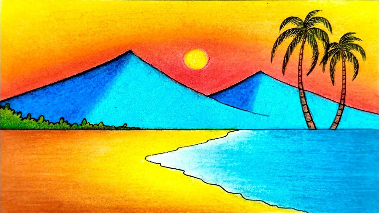How to Draw a Mountain Sunset Scenery on Beachside | Landscape Beachside Scenery Drawing 