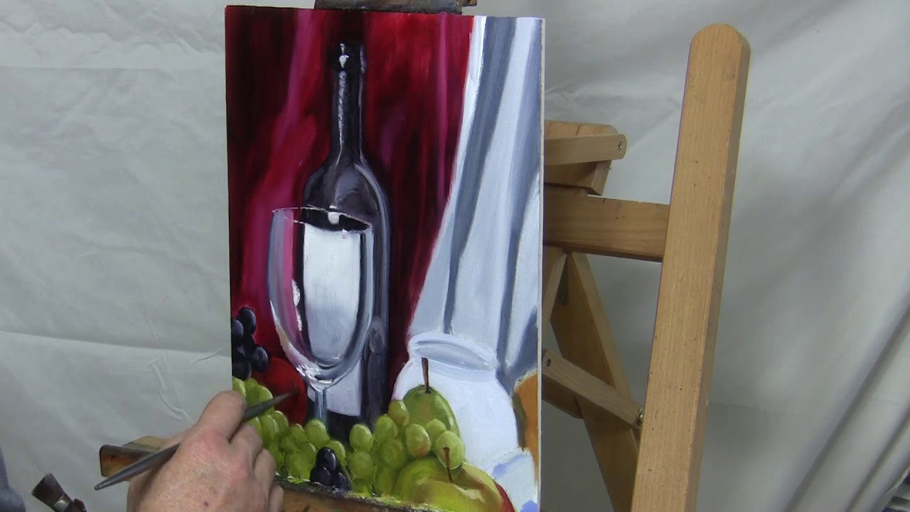 Oil painting tutorial: Realistic still life with fruit and wine bottle, a quick study