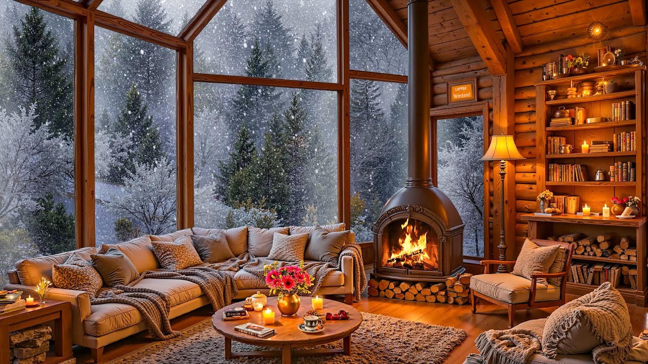 Cozy Winter Cabin Fireplace Ambience ❄️ Snowy Outdoor With Soothing Jazz Music For Relax, Sleep