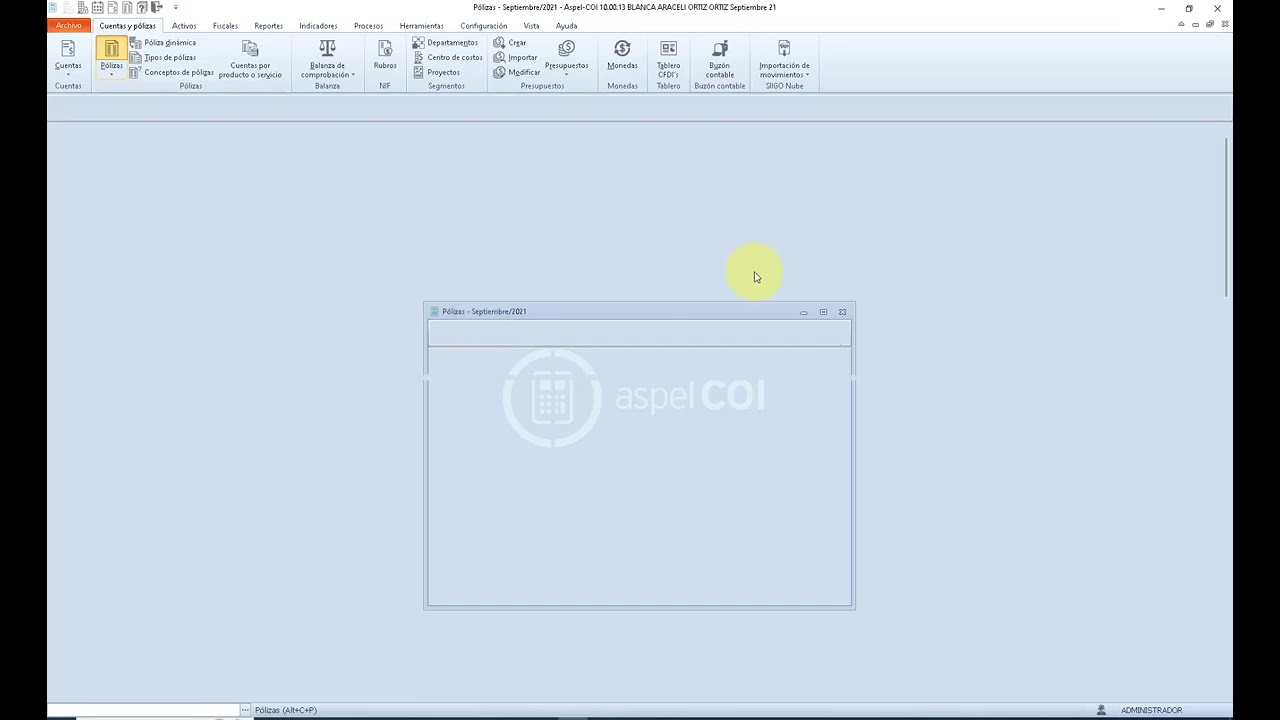 Curso Siigo Aspel COI 9 y 10: Conceptos y tipos de Pólizas, ventana principal Pólizas en aspel COI