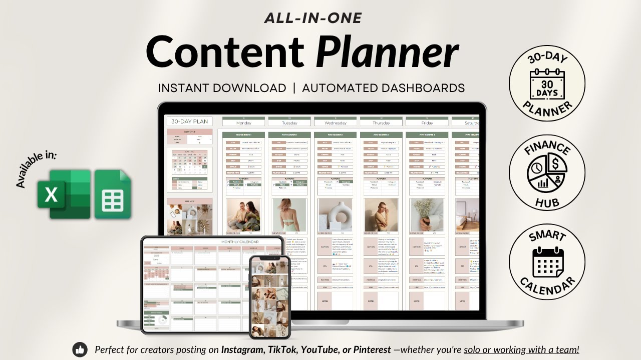 All-in-One Social Media Planner Spreadsheet - Content Planner - Track Post, Reel, Video, Email, Blog