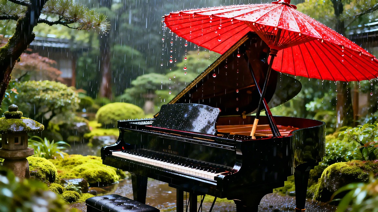 Deep Focus: Heavy Rain on Red Umbrella & Piano (Stop Overthinking)