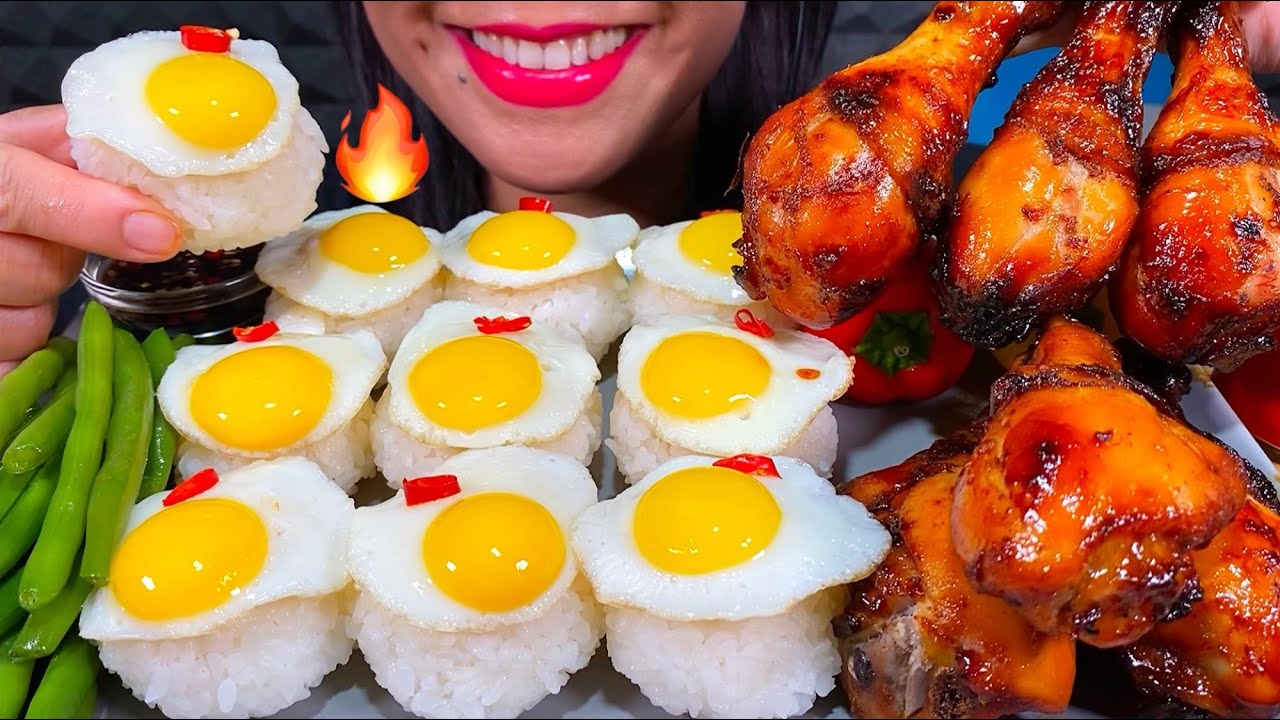 ASMR BBQ CHICKEN, GREEN BEANS, PEPPERS, EGGS & RICE MUKBANG MASSIVE Eating Sounds
