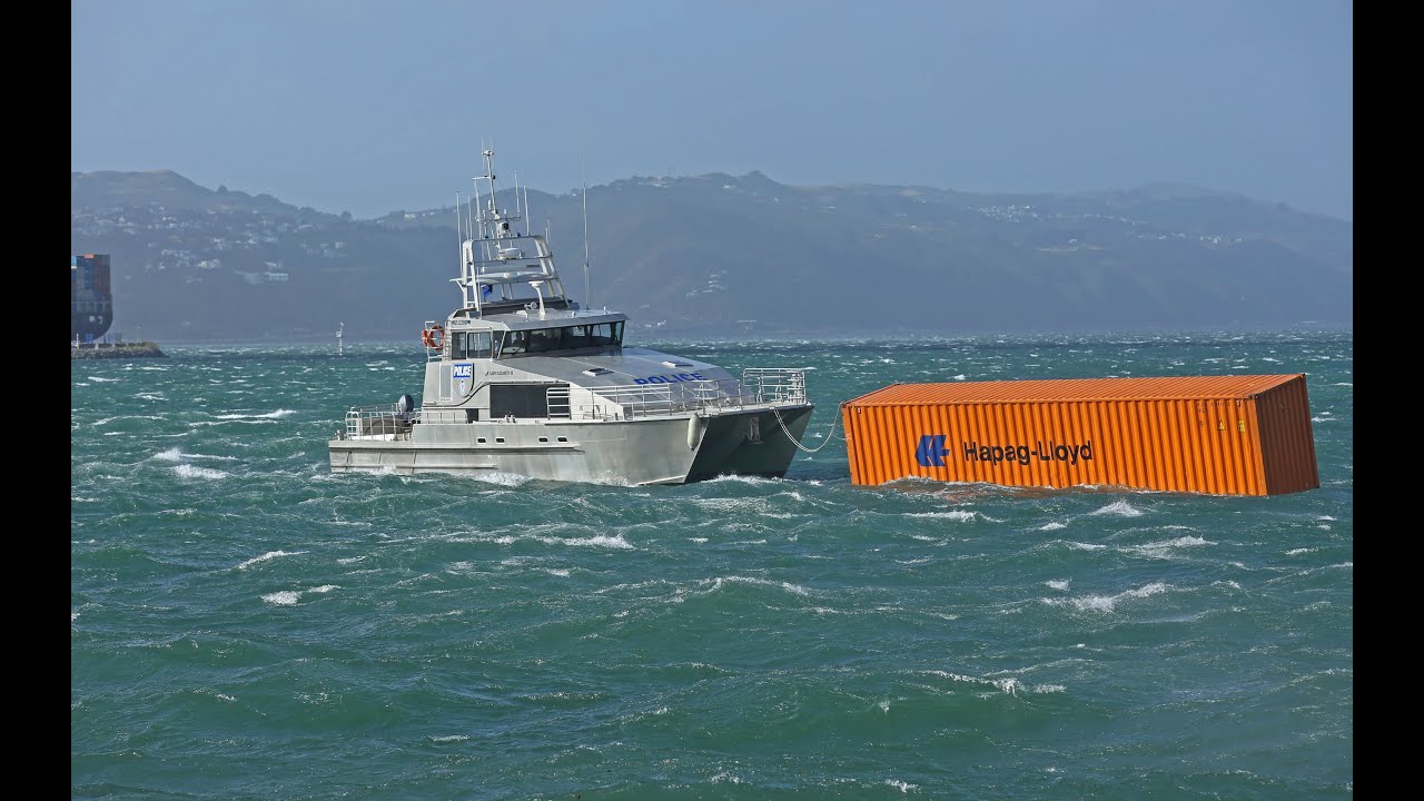 Shipping containers floating in Wellington Harbour