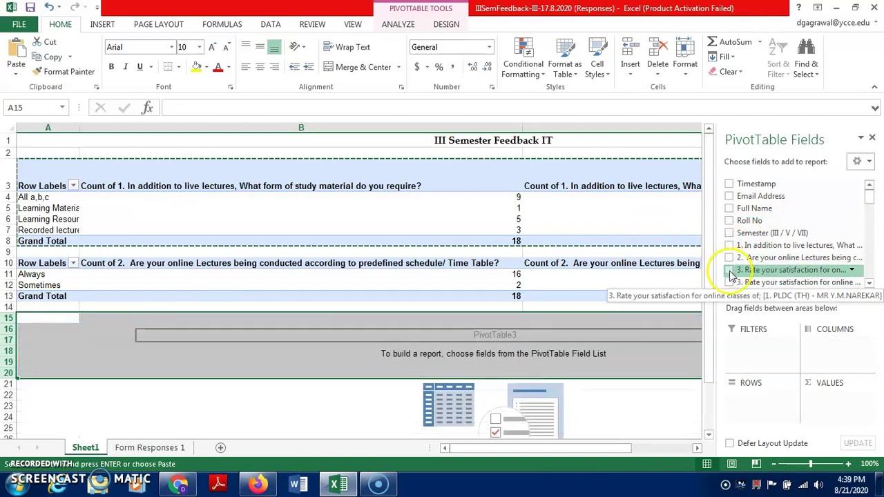 Feedback Analysis using PIVOT TABLE Dhiraj Agrawal