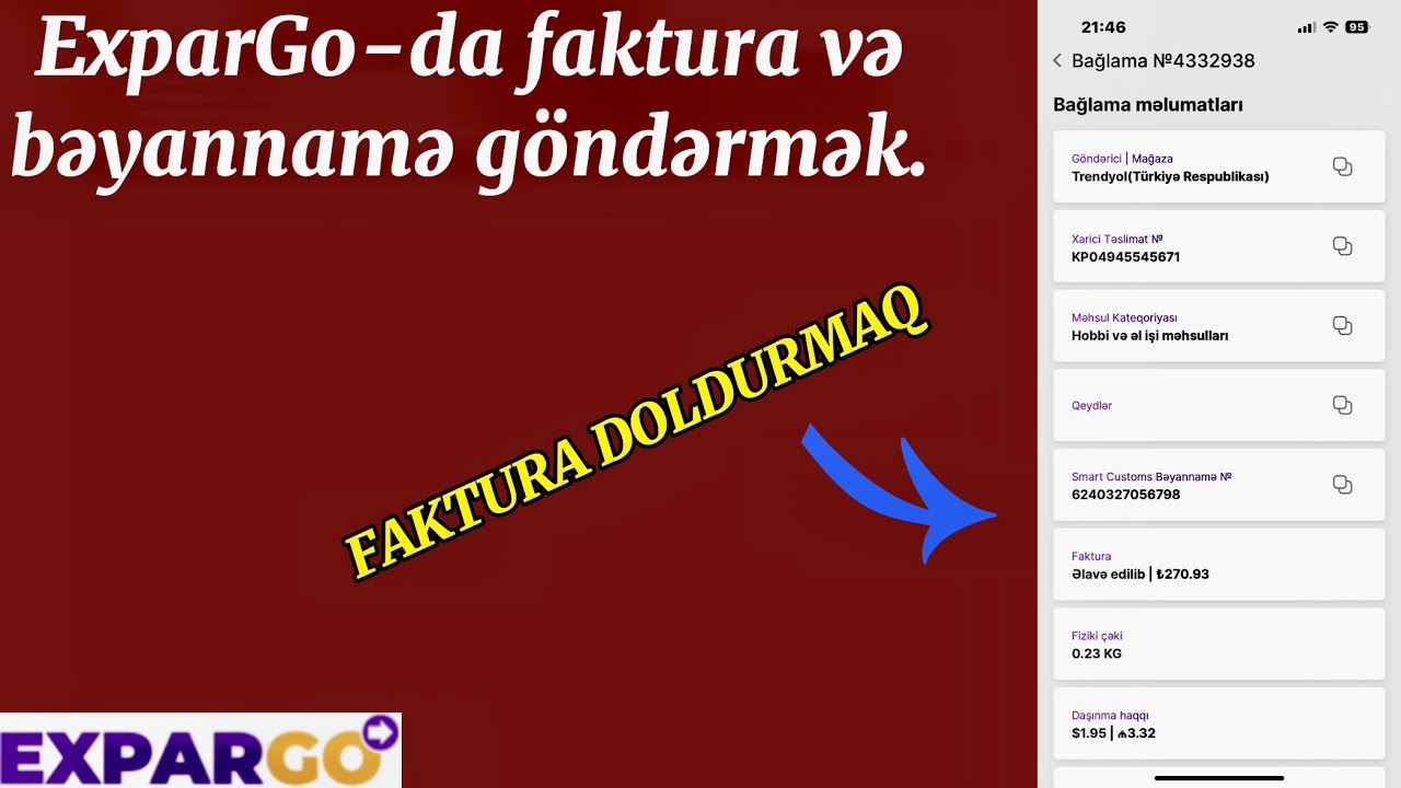 Expargoda faktura əlavə etmək / smart customsda bəyan etmək / Trendyoldan expargo ilə sifariş