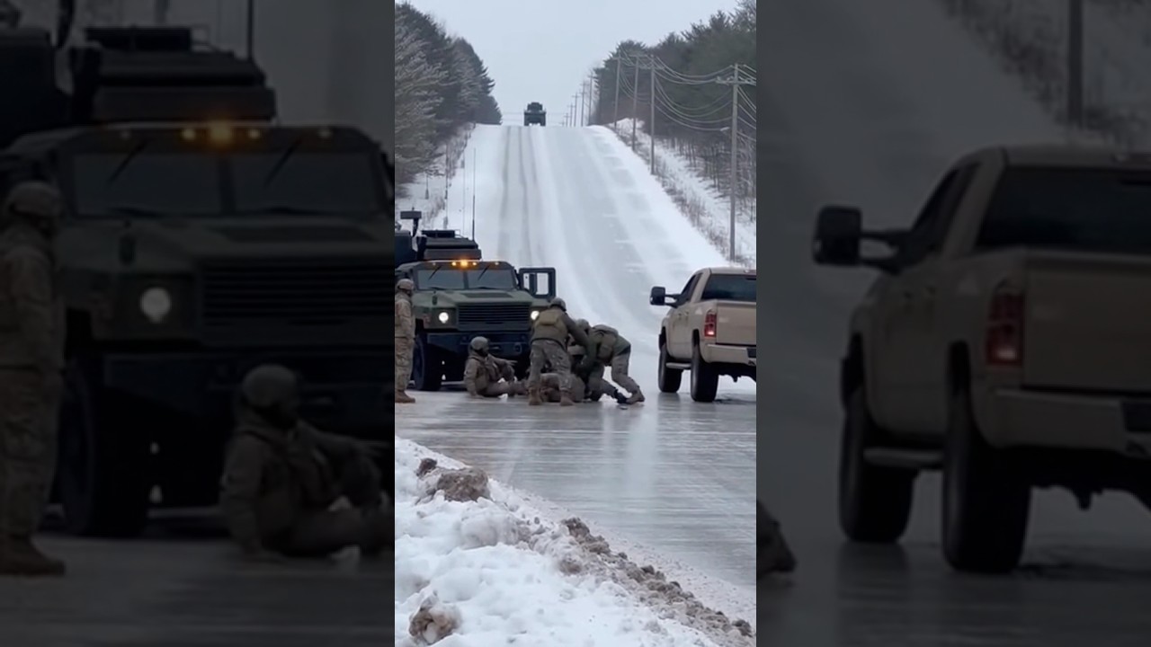 Military Panics, slips on ice