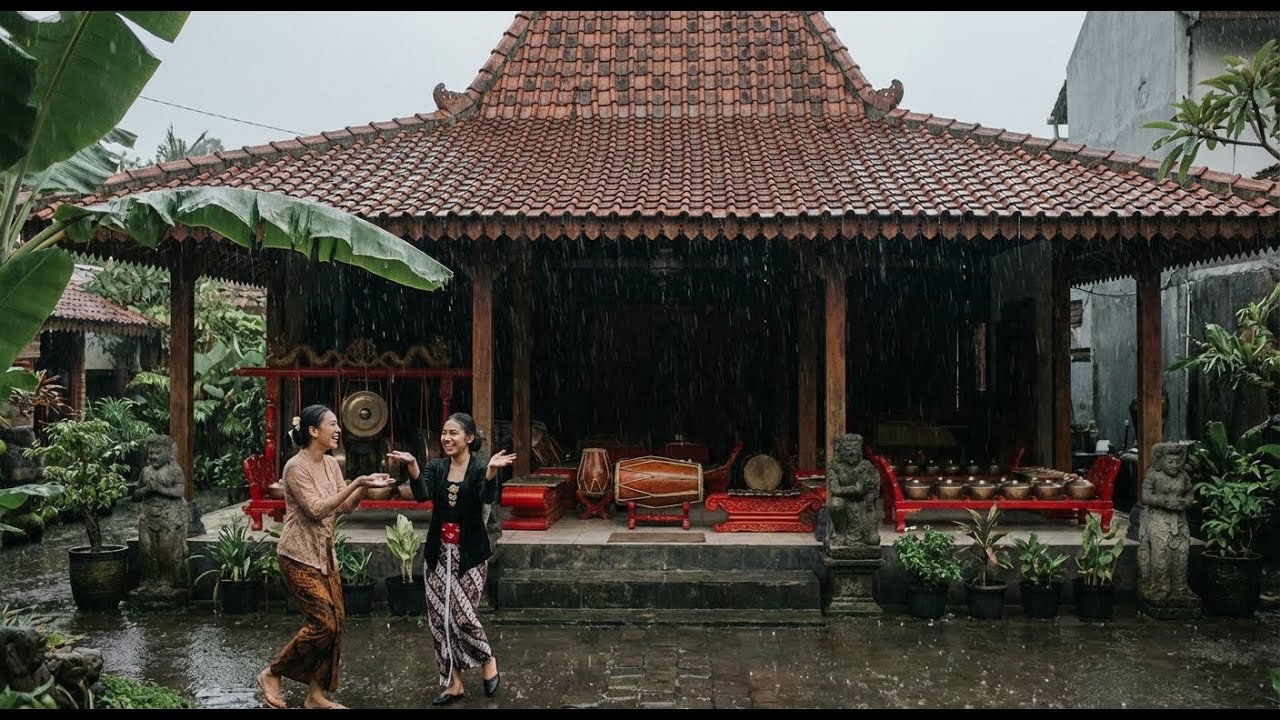 Hujan Deras di Balai Budaya Jawa Sejuk Tempat Gamelan Tradisional Jawa Jogja ASMR Asli Cold