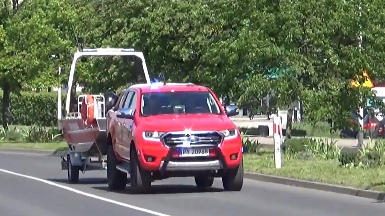 Dojazd 4 zastępów PSP do pożaru [Dwie sekcje]Przedysponowanie do topielca,alarmowo z łódkami JRG1,2