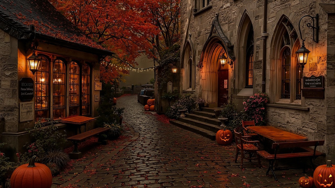 A Warm Bookshop Along an Old Autumn Village Street | Dark Academia Piano & Halloween Glow