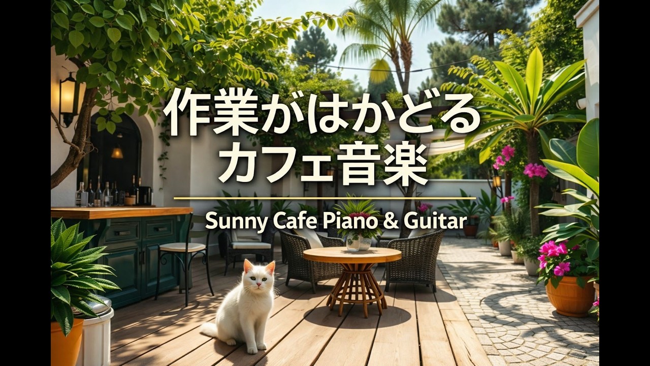 癒しのガーデンカフェBGM　猫と過ごす昼テラスやさしいピアノとギターの音時間　Daytime Terrace with Cats Gentle Piano and Guitar Sound Time