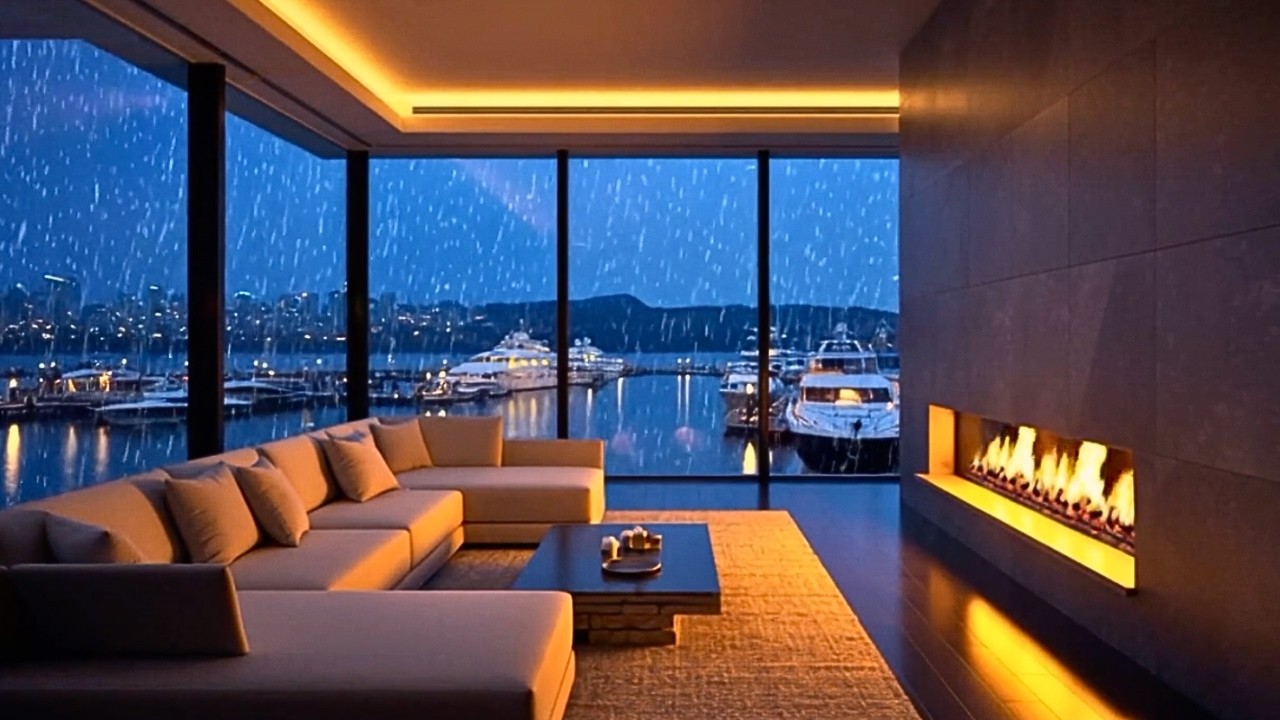 Rainy Night in a Waterfront Penthouse with Fireplace | Night Ambience for Sleep