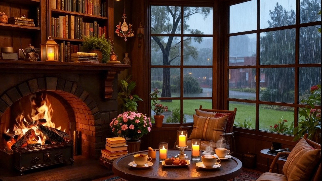 Cozy Coffee Shop Jazz ❄️ Fireplace Reading Room with Rainy Outside