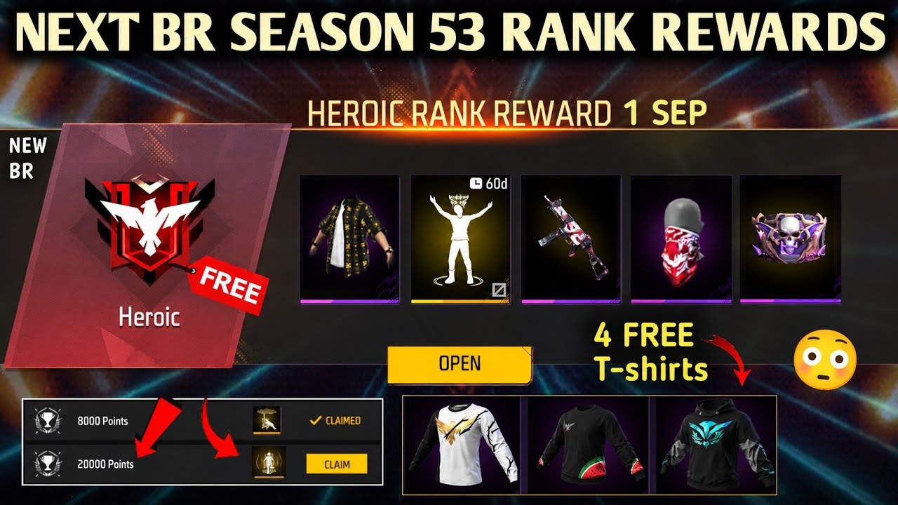 Next BR Season 53 Rank Rewards 🤯 4 Free T-shirts Free Fire | New Event Free Rewards 2026