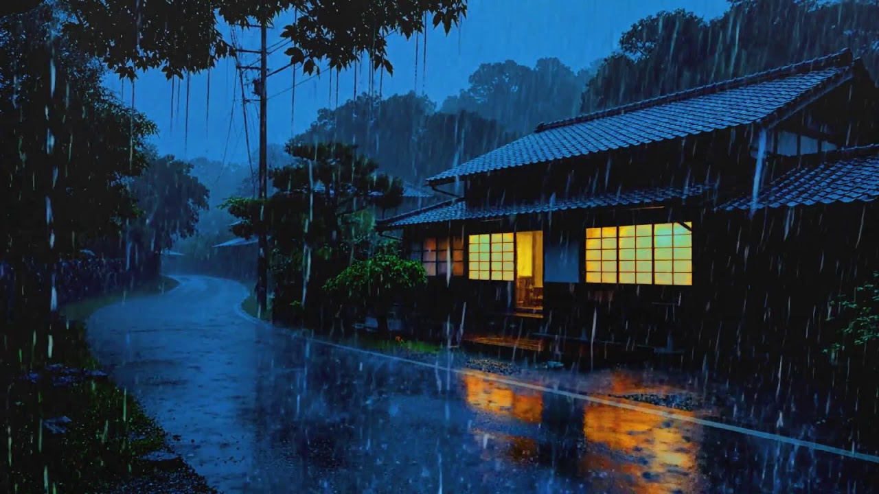 Relaxing Rain Sounds at Night on Silent Road Near Cozy Wooden House for Deep Sleep