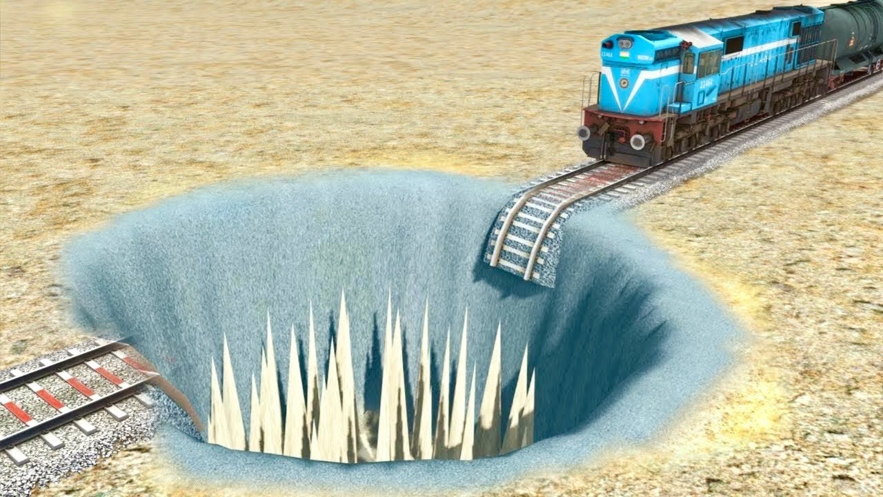 OUT OF CONTROL DIESEL LOCO VS GIANT PIT FULL OF THORNS CRASHED🔺Train Simulator | TrainsFun