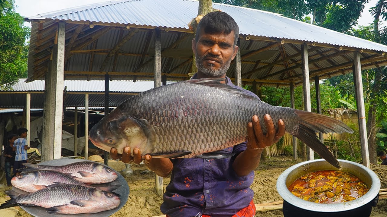 বিশাল কাতলা মাছ রান্না - ভাঙ্গা বাড়িতে নতুন ঘর - House Making & Big Catla Fish Cooking