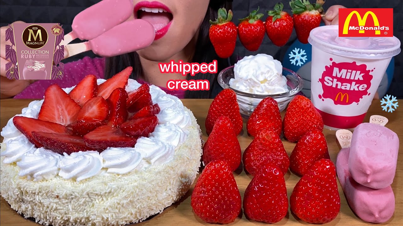 ASMR STRAWBERRY CREAM CAKE, MAGNUM RUBY ICE CREAM, MCDONALD'S MILKSHAKE 먹방 MASSIVE Eating Sounds